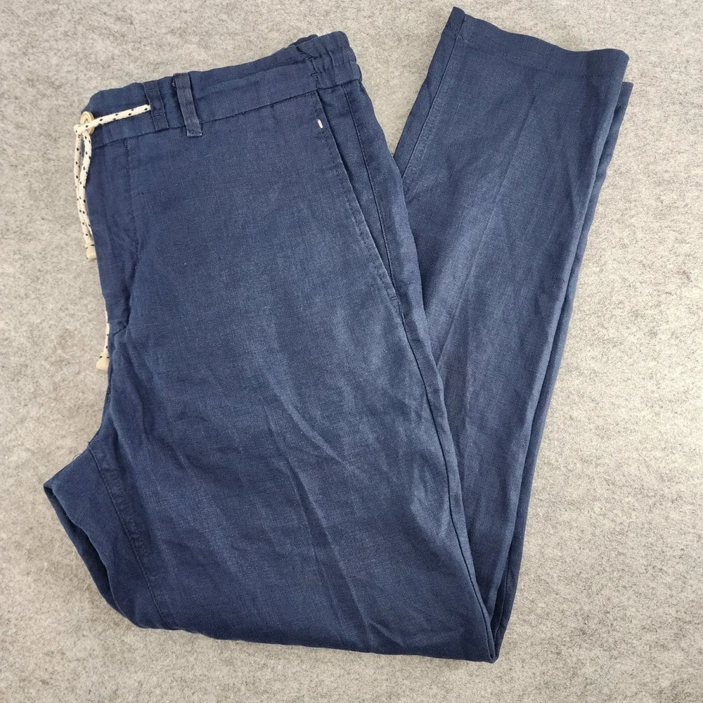 Zara Man Medium Navy Blue 100% Linen Drawstring Tapered Trousers Mens Summer